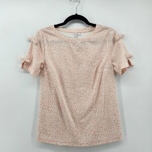 ELLE Womens XS Pink White Floral Bow Print Bow Accent Sleeve Cute Casual‎ Blouse